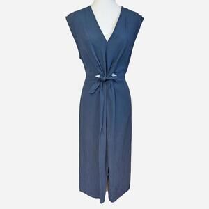 Senes Navy Viscose Linen Wrap Tie Midi Dress Made In Italy Size S